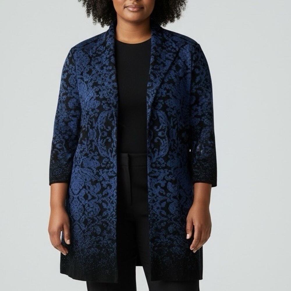 Ming Wang Cardigan Sweater Jacket Medium Blue Floral Jacquard Knit Hook Closure